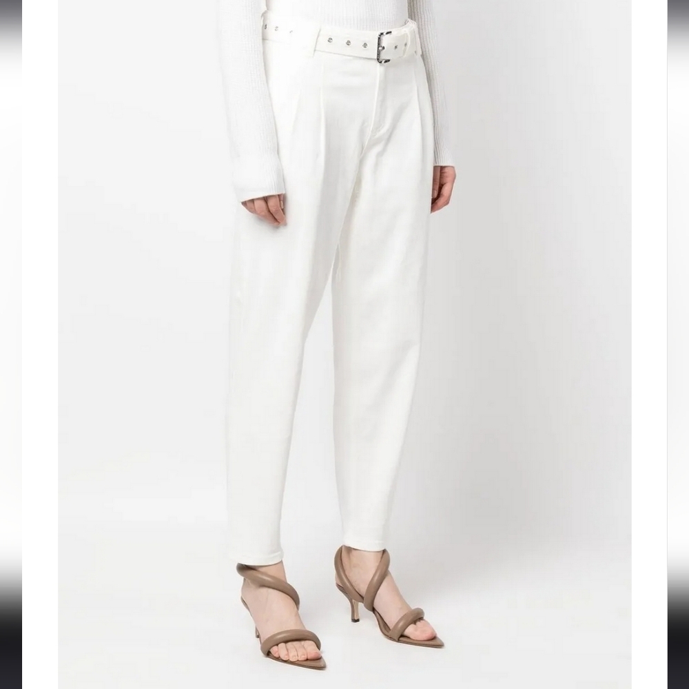 Size 12 Michael Kors Pleat Detailed Belted White High Rise Straight Leg Jeans